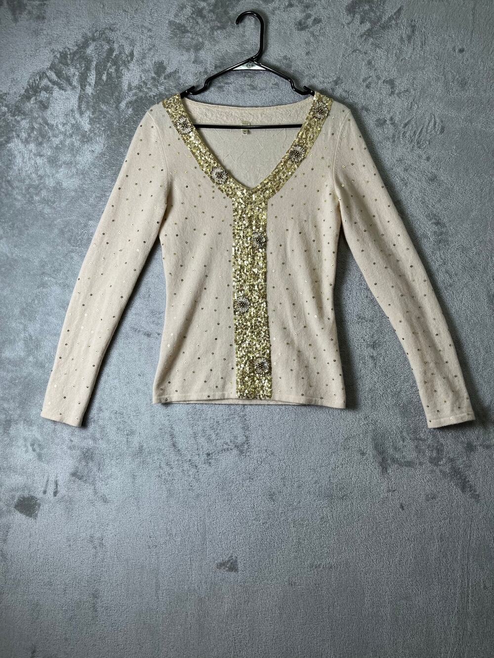 Vintage 100%‎ Cashmere Sequin Beaded Embellished Sweater Medium Ivory Gold Y2K